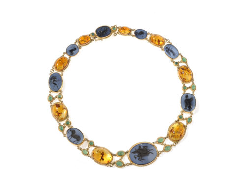 Collier Percossi Papi or, émeraudes, ambre et agate