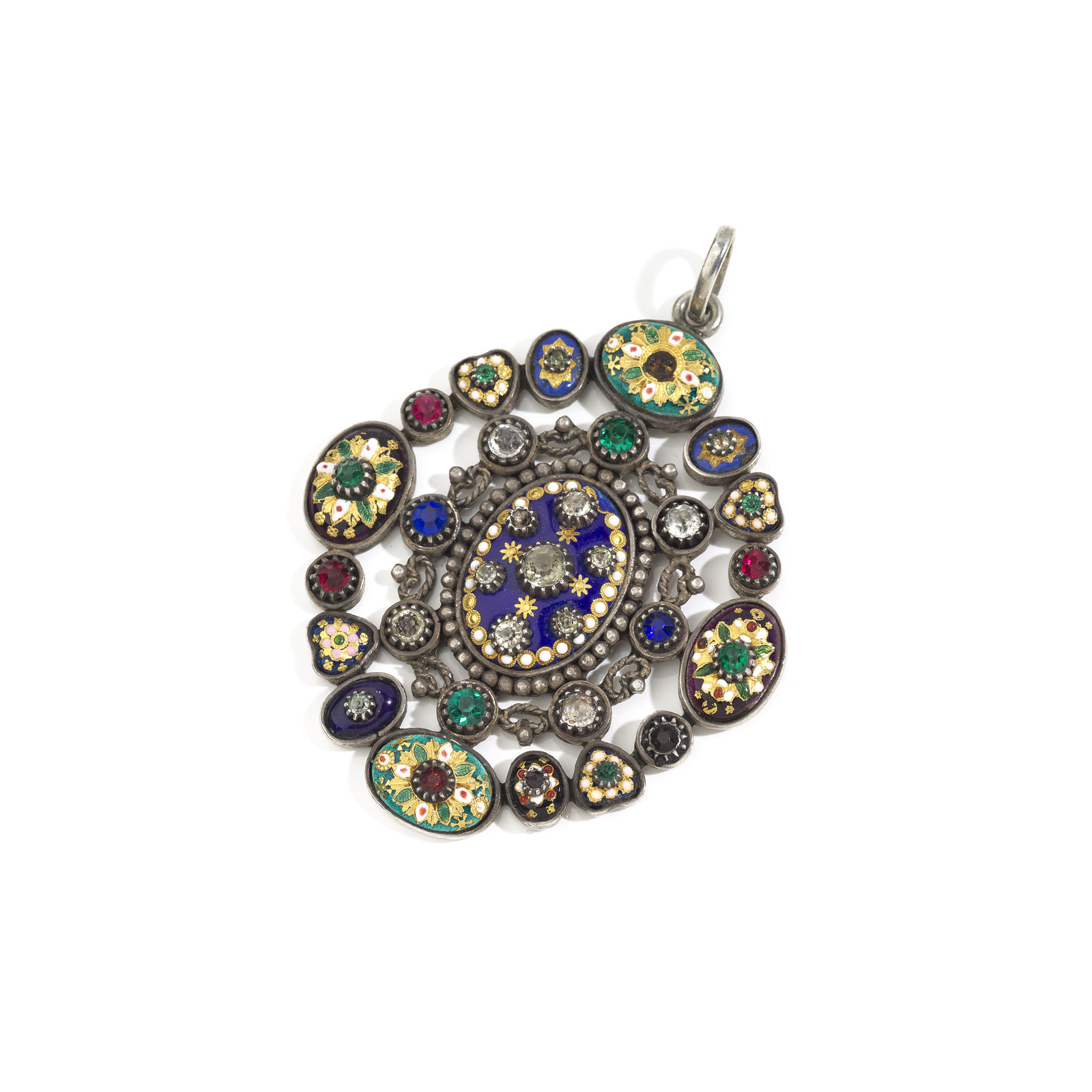 Pendentif Ancien Croix XIXe En Argent Doré Avec émaux Bressans Bleus - Bijou Vintage